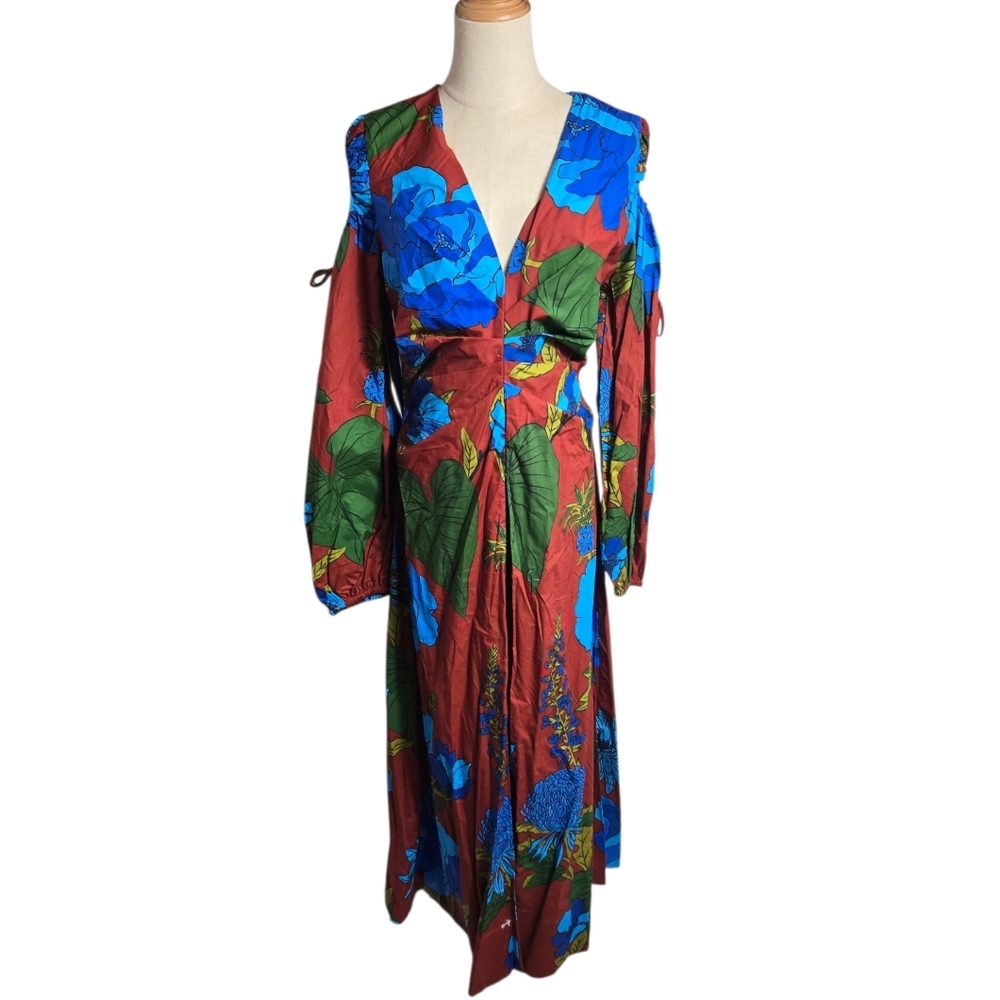 Farm Rio Anthropologie Floral V-Neck Maxi Dress - Red and Blue NWT - Picture 1 of 9